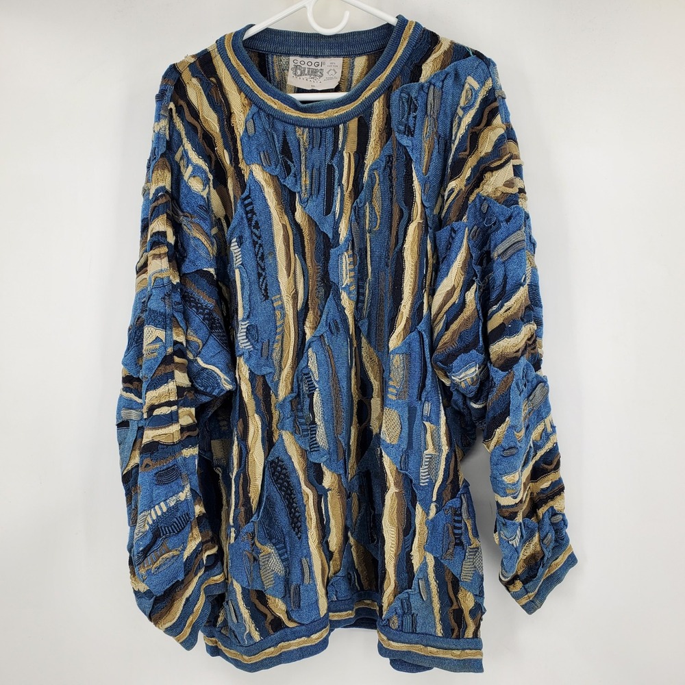 Vintage Coogi Blues 3D Knit Sweater Mens 1XL Blue Abstract Made in Australia
